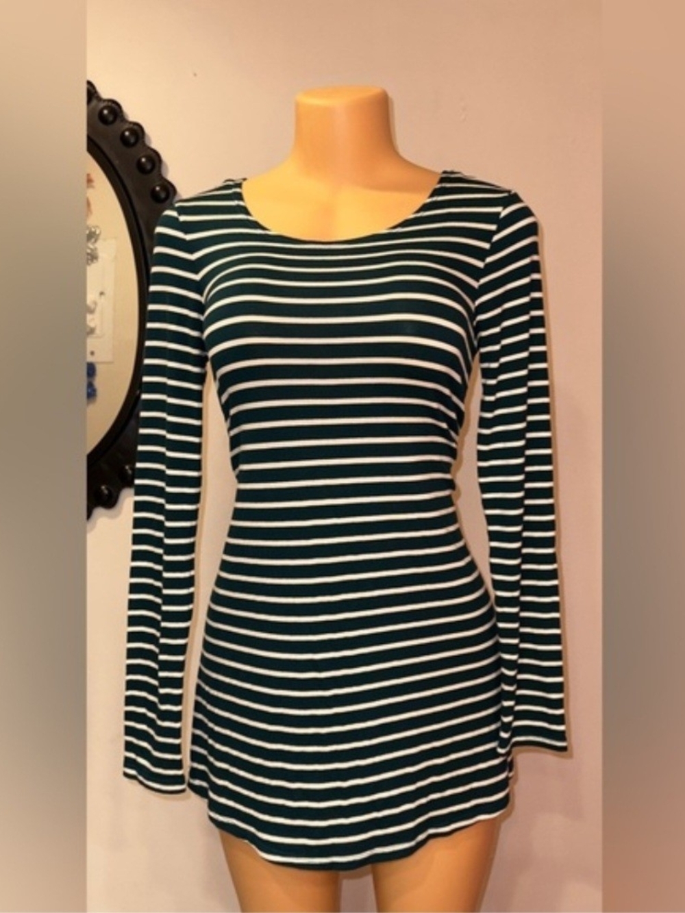 Pinc Dark Green and White Striped Long Sleeve Tee